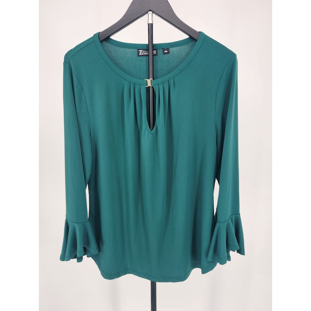 New York & Company 7th Avenue Teal Green Keyhole Ruffle Cuff Blouse Large